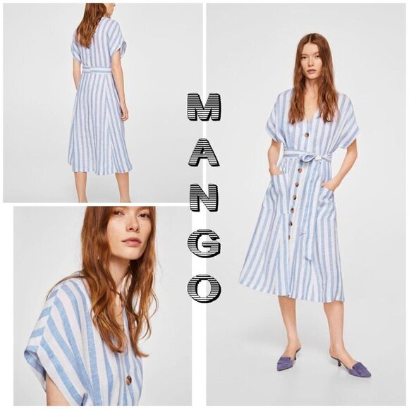 Mango Women's Blue Striped Linen Dress button up.  Blogger favorite Sz S - Picture 1 of 10